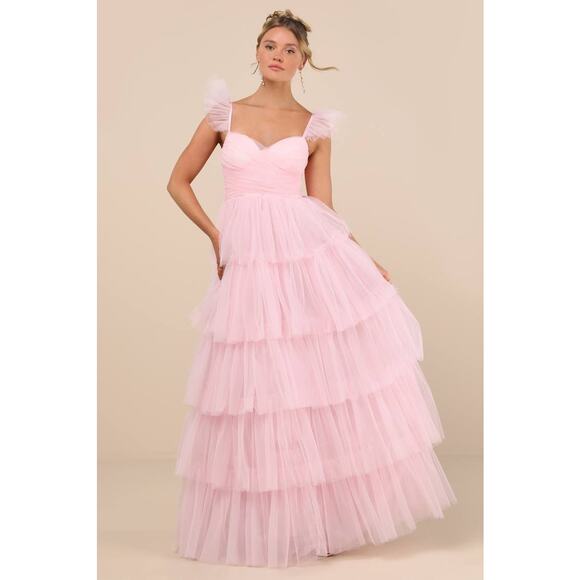 NWT Lulus Fabulous Poise Light Pink Tulle Ruffle Tiered Maxi Dress Debut Fairy S - Picture 1 of 8